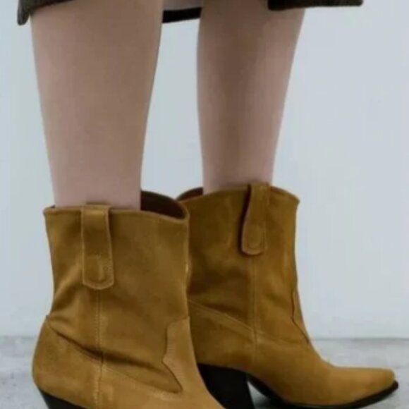 ZARA Cowboy Ankle Boots Suede Brown Leather Size 40 / 9 New - Picture 2 of 8